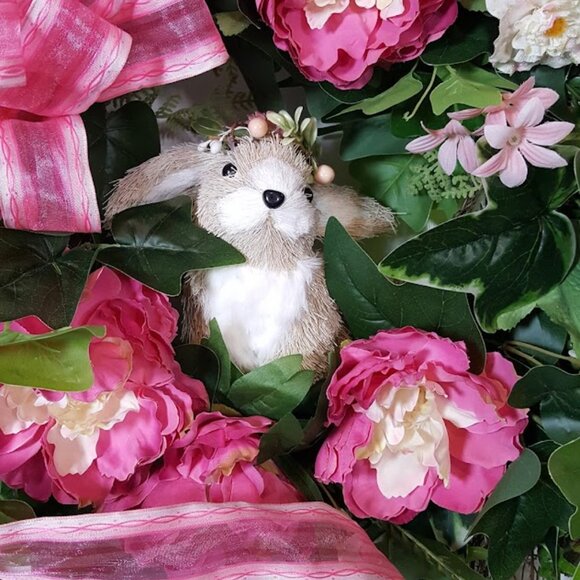 Pink Spring Easter Bunny Wreath, Easter Grapevine, Floral Wreath, Hand Crafted - Picture 9 of 11